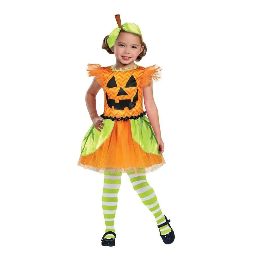 NWT Pumpkin Halloween Costume Girls Small 6/6X Dress Headband Jack O Lantern